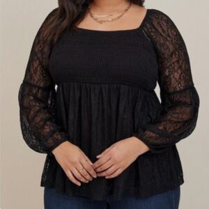 Torrid Babydoll Lace Blouse Top Smocked Gypsy Boho Peasant Bohemian Black 4X